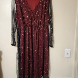 Bloom Chic Burgandy Speckled Midi Dress Sheer Mesh Sleeves Size 12 Whimsigoth